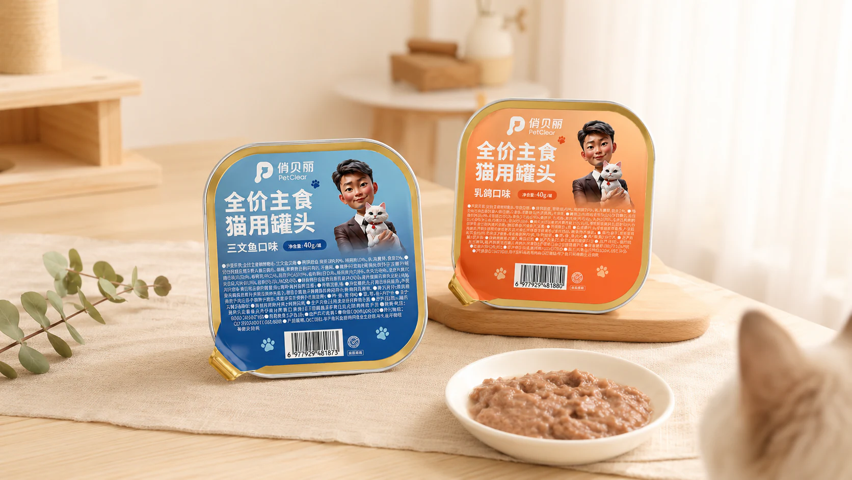 喂养场景中的蓝橙色猫用主食餐盒
