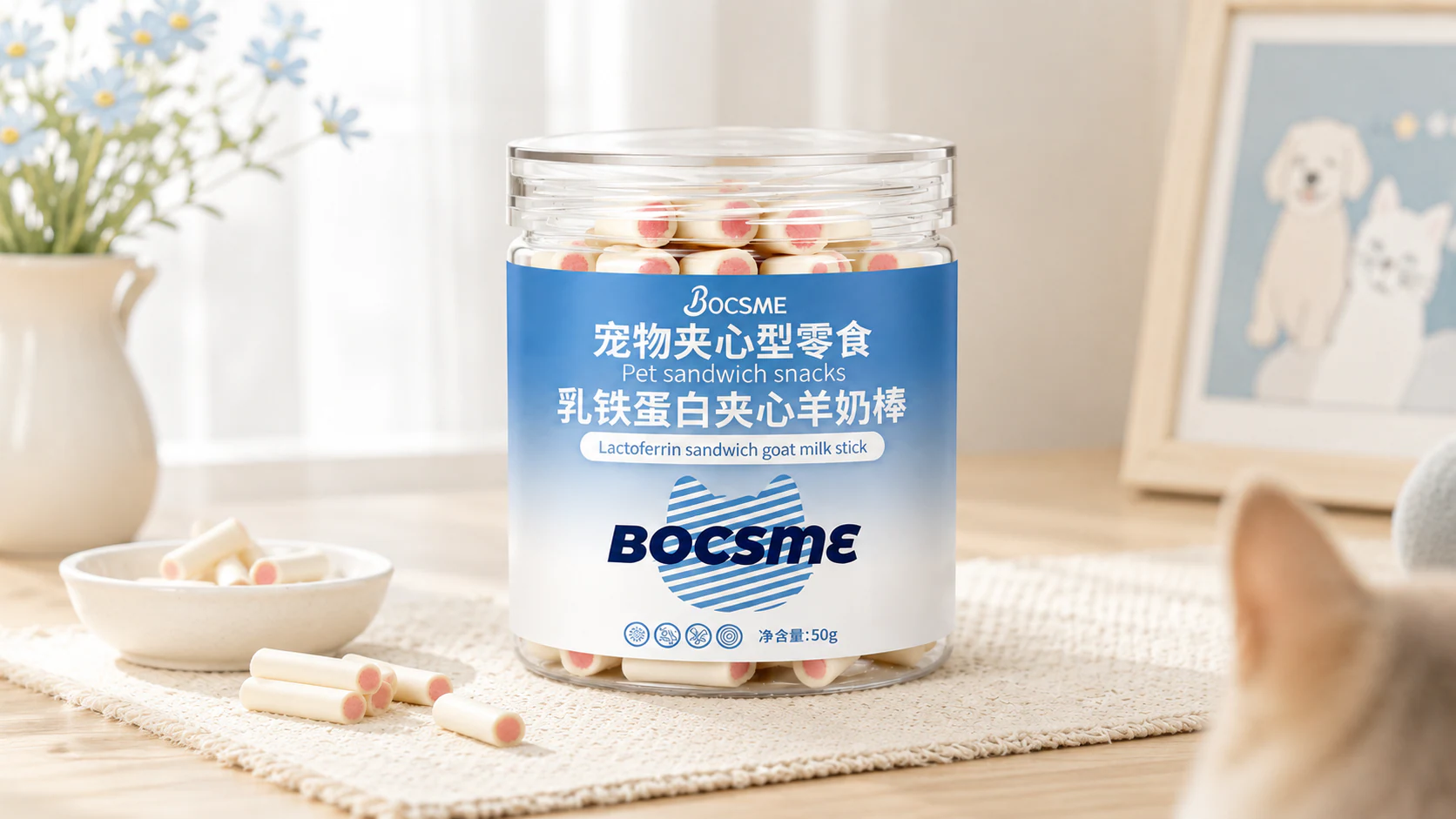 明亮宠物家居场景中的羊奶夹心棒罐装包装