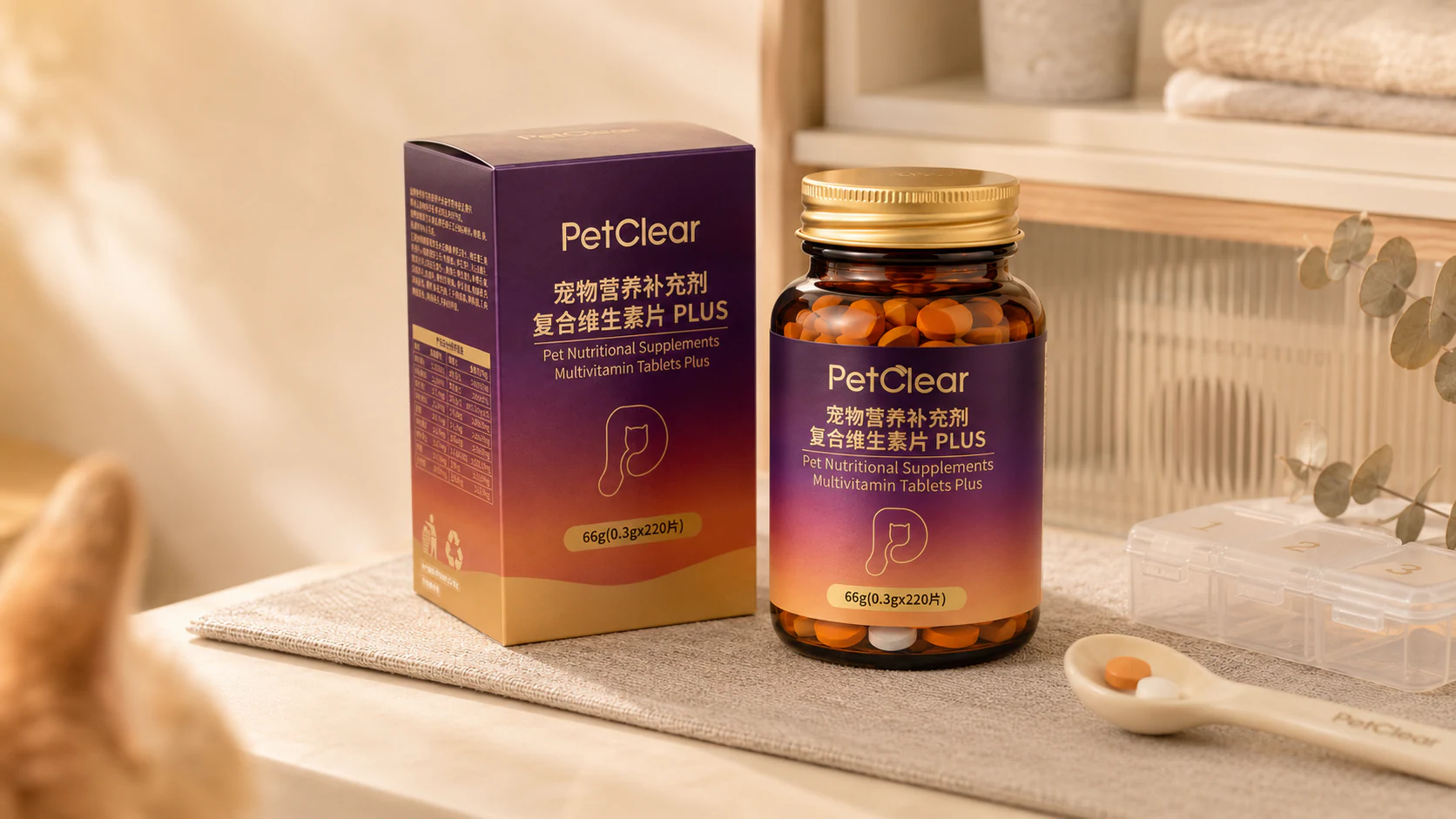 宠物家居场景中的复合维生素片包装