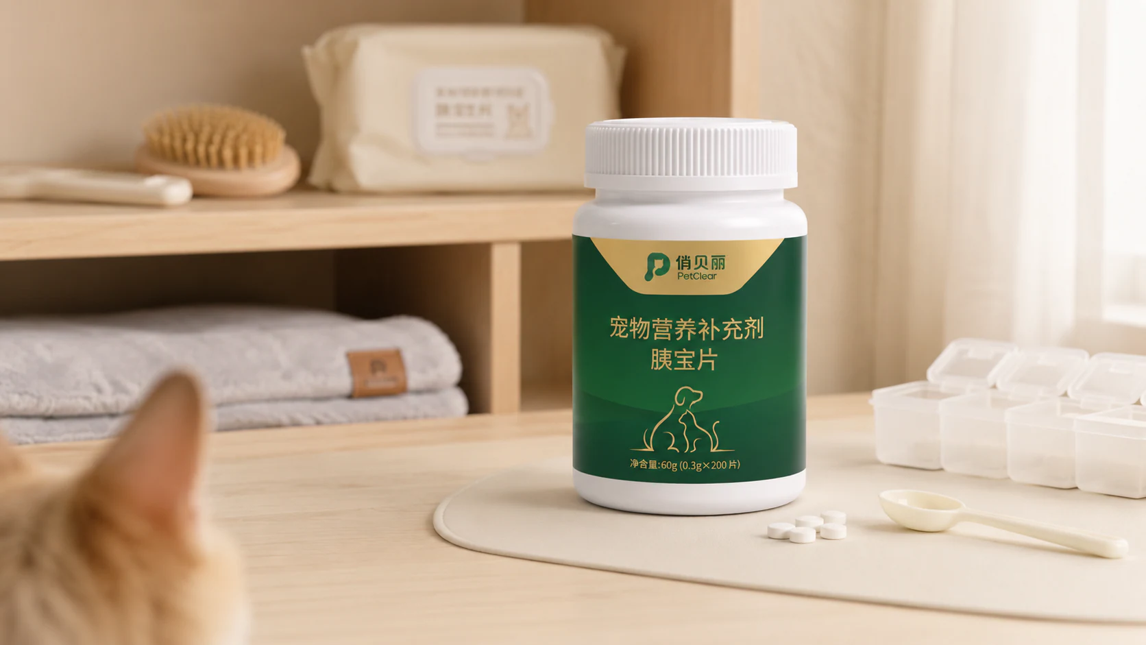 宠物护理场景中的绿色胰腺营养补充片瓶