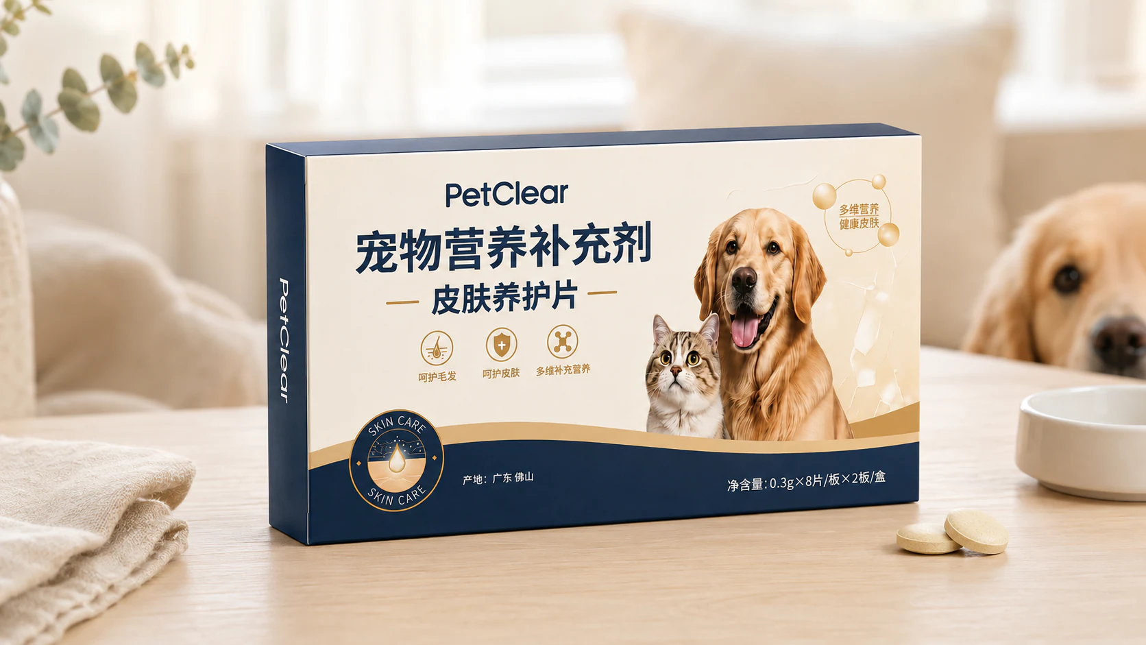 宠物家居场景中的皮肤护理片纸盒